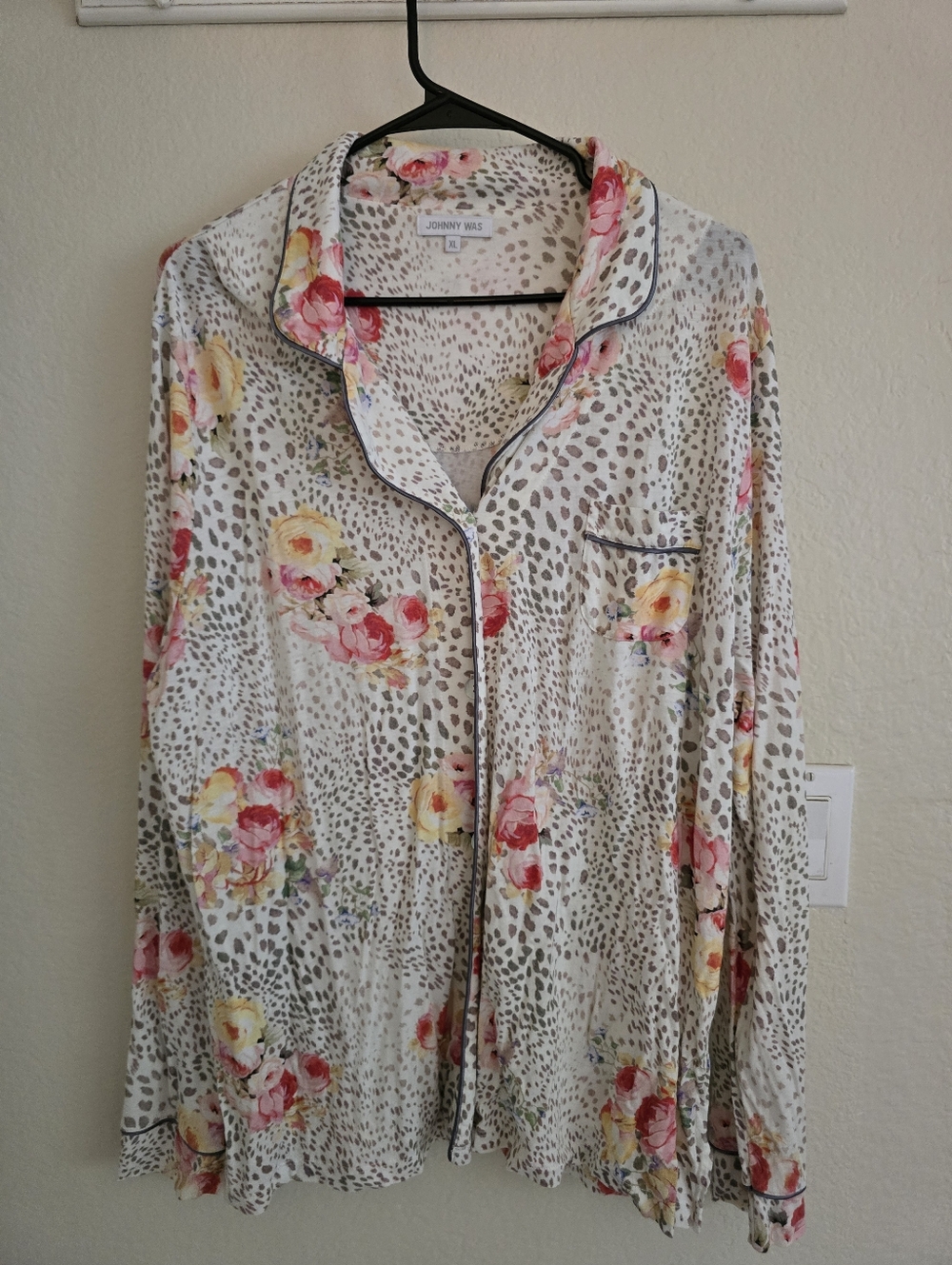 Johnny Was Cream Floral & Leopard Print Button-Up Comfy Blouse Pajama Top Sz XL